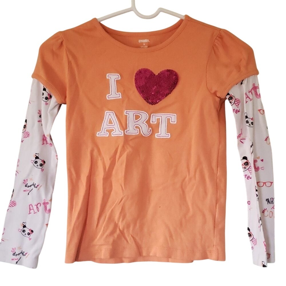 Gymboree Panda I Heart Art Long-Sleeve Girls Shirt Size 9 Orange White